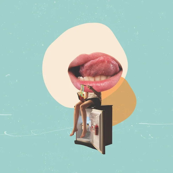 Contemporary art collage. Conceptual image of young woman with giant mouth head sitting on small fridge symbolizing overeating matter. Junk food. Concept of surreal artwork, creativity, problems