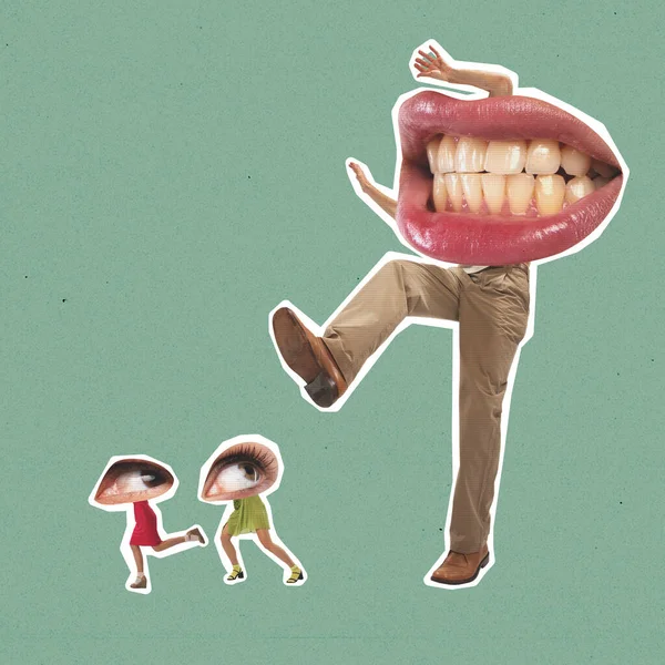 Contemporary art collage. Big man with giant mouth head stepping on small girls with eye head isolated on green background. Pressure of opinion. Concept of surrealism, artwork, imagination, creativity