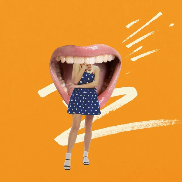 Contemporary art collage. Creative image of young stylish girl in retro dress hiding head inside giant female mouth isolated on orange background. Secrets. Concept of surrealism, artwork, imagination