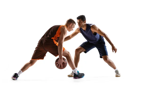 Dynamic Portrait Two Professional Basketball Players Motion Training Isolated White — Stock Photo, Image