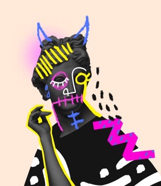 Antika siyah heykel büstü ve neon çizimlerle çağdaş sanat kolajı. Gerçeküstü bir tarz. Kadın gizli kişiliği. Sürrealizm kavramı, yaratıcılık, hayal gücü. Çizim çalışması