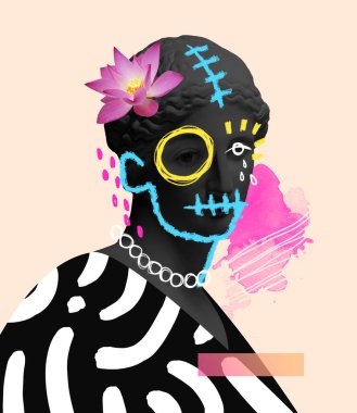 Antika siyah heykel büstü ve neon çizimlerle çağdaş sanat kolajı. Gerçeküstü bir tarz. Dişi göz elementi. Karnaval için hoş bir görünüş. Tarzların karışımı. Modernlik ve geçmiş. Renkli kişilik