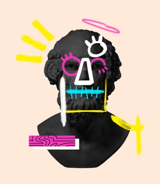 Antika siyah heykel büstü ve neon çizimlerle çağdaş sanat kolajı. Gerçeküstü bir tarz. Ciddi bir bakış. Erkek gözü elementi. Etkileyici bir bakış. Yaratıcılık kavramı, sürrealizm, modern sanat