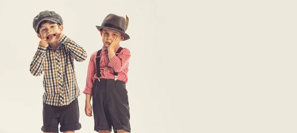 Portrait Two Little Boys Children Checkered Shirts Posing Making Funny — Stock Photo, Image