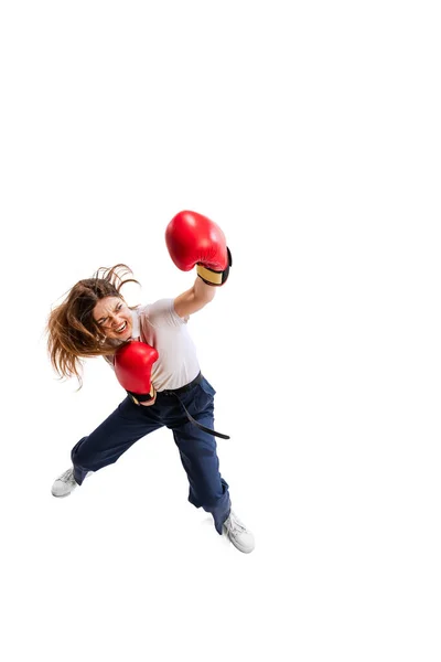 Retrato Completo Mujer Joven Empleada Paño Oficina Guantes Boxeo Aislados — Foto de Stock