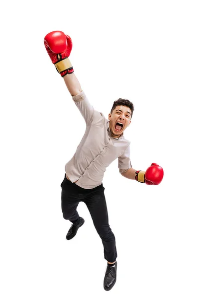 Portrait Young Man Employee Official Cloth Boxing Gloves Isolated White — Stock Photo, Image