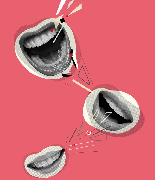 Contemporary art collage. Conceptual image with female talking mouths spreading rumors, gossips isolated over pink background. Concept of creativity, influence, information, news. Copy space for ad