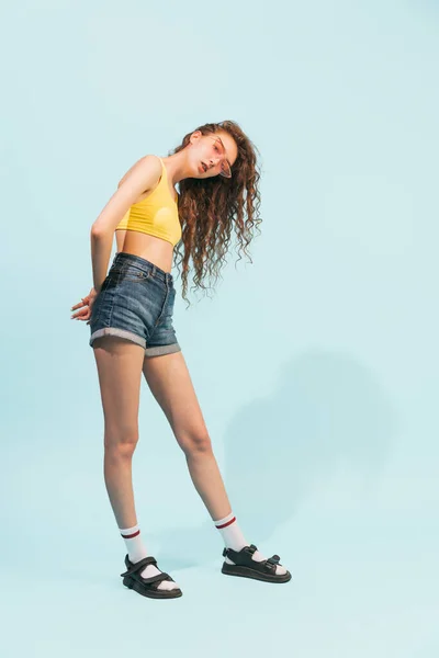 Portrait Young Girl Wearing Jeans Shorts Yellow Top Trendy Pink — Stock Photo, Image