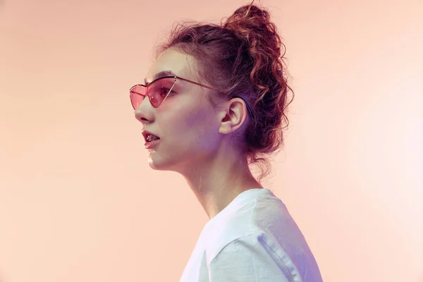 Portrait Stylish Young Girl Trendy Sunglasses Posing White Shirt Isolated — Stock Photo, Image