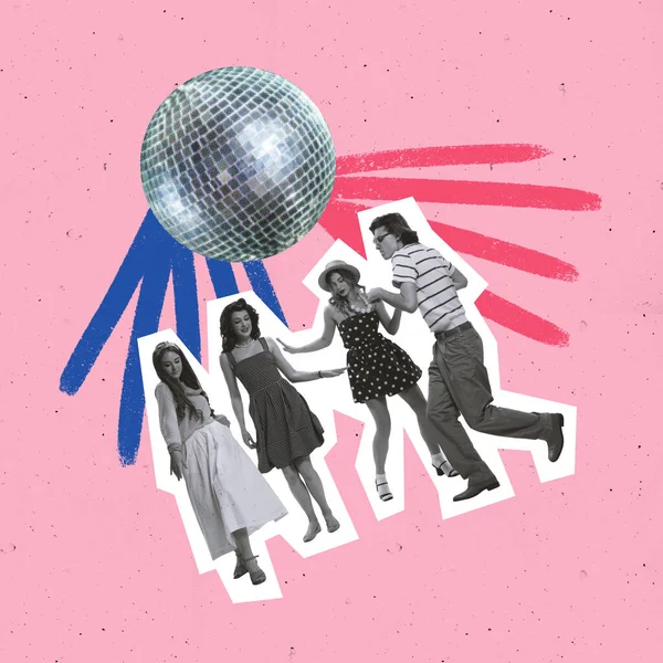 Contemporary art collage. Creative colorful design. Group of stylish young people cheerfully dancing under disco ball isolated over pink background. Concept of surrealism, fun, creativity