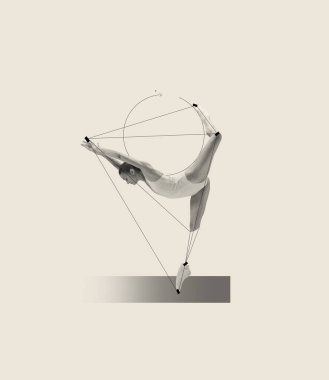 Genç, esnek balerin danslarıyla çağdaş sanat kolajı, gri arka planda izole edilmiş eğitim. Çizgi tasarımı. Klasik dans stili, sanat, gösteri, güzellik, ilham