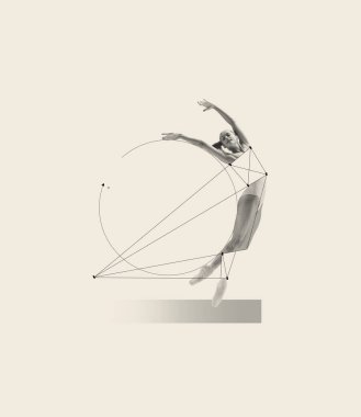 Gri arka planda izole edilmiş genç ve güzel balerin performanslarıyla çağdaş sanat kolajı. Çizgi sanatı, geometrik figürler tasarımı. Klasik dans stili, sanat, gösteri, güzellik, ilham