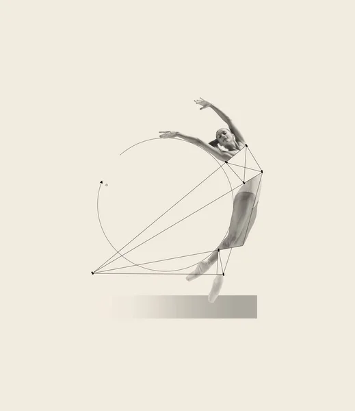 灰色の背景の上に隔離された実行若い美しいバラードと現代美術のコラージュ 幾何学的図形デザイン 古典舞踊スタイル ショー 美しさ インスピレーションの概念 — ストック写真