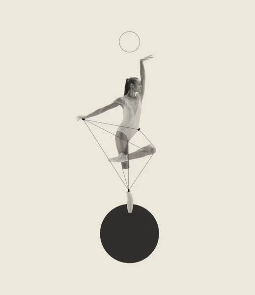 Contemporary art collage with artistic young ballerina dancing on drawn ball isolated over grey background. Line art design. Concept of classic dance style, art, show, beauty, inspiration