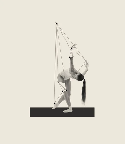 Contemporary art collage with young ballerina performing with drawn strings like puppet isolated over grey background. Concept of classic dance style, art, show, beauty, inspiration