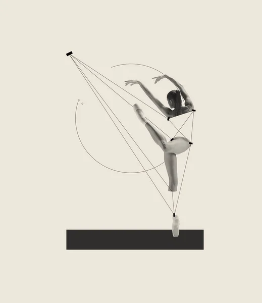 Kolaż Sztuki Współczesnej Tańcem Baletnicy Artystycznej Wykonywany Szarym Tle Marionetka — Zdjęcie stockowe