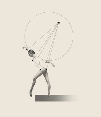 Profesyonel balerin dansıyla çağdaş sanat kolajı. Gri arka planda izole bir performans sergiliyor. Çizgi sanatı, geometrik figürler tasarımı. Klasik dans stili, sanat, gösteri, güzellik, ilham