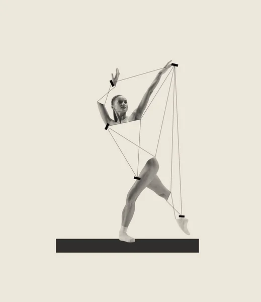 Contemporary art collage with young woman. ballerina dancing isolated over grey background. Puppet strings. Line art. Concept of classic dance style, art, show, beauty, inspiration