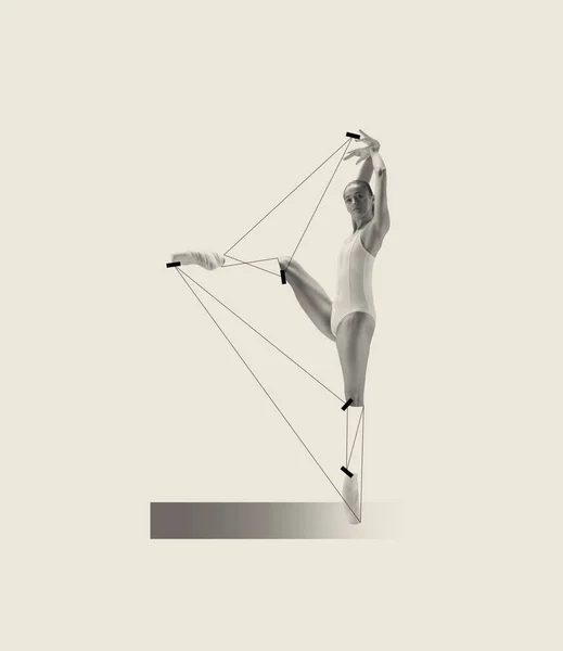 Коллаж Современного Искусства Профессиональными Танцами Балерины Изолирован Сером Фоне Линейный — стоковое фото