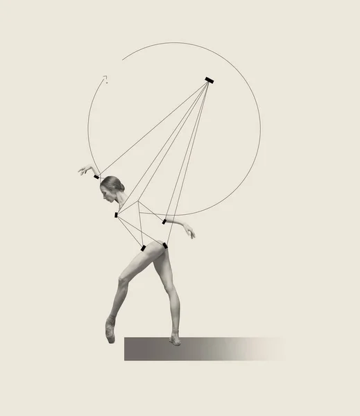 Contemporary art collage with professional ballerina dancing, performing isolated on grey background. Line art, geometric figures design. Concept of classic dance style, art, show, beauty, inspiration