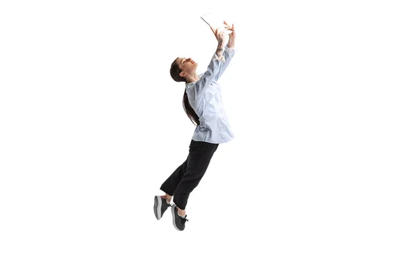 Portrait Young Woman Employee Reading News Jump Isolated White Studio — Stockfoto