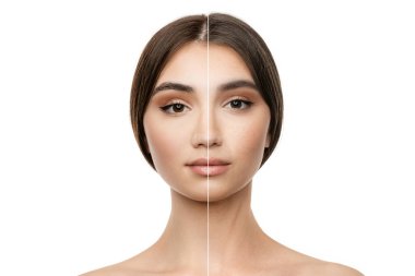 Karşılaştırma. Genç, pürüzsüz ve buruşuk ciltli güzel bir kadının portresi. Kozmetik bilimi tedavi görüyor. Güzellik ve kaldırma. Önce ve sonra. Yaşlanma ve gençleşme süreci