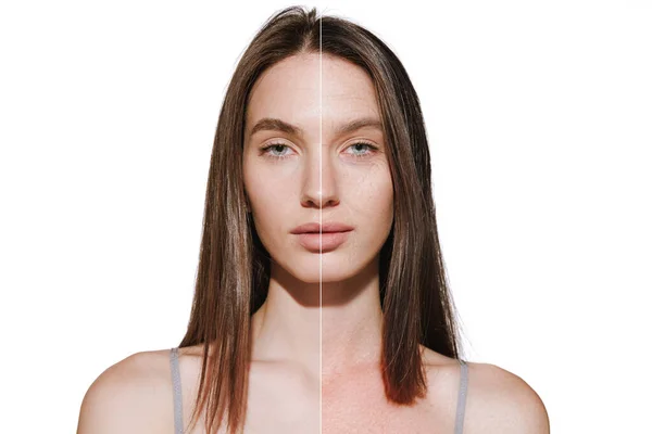 女性脸的比较肖像 年轻和衰老的过程孤立在灰色背景下 不健康的生活方式老少皆宜的观念 美容美发 老龄化和年轻化进程 — 图库照片