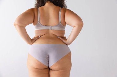 Gri stüdyo arka planında izole edilmiş tombul, şişman kadın vücudu, sırtı ve kalçası. Kilo kaybı. Güzellik, vücut ve cilt bakımı, sağlık, estetik cerrahi, kozmetik, reklam