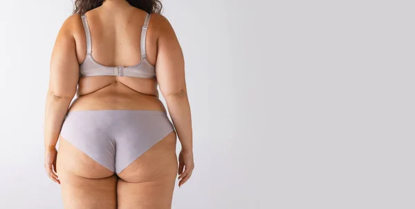 Oříznutý Obraz Baculatého Tlustého Ženského Těla Zad Hýždí Spodním Prádle — Stock fotografie