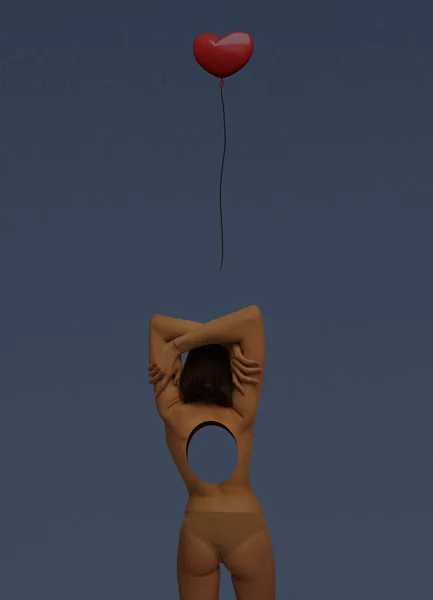 当代艺术拼贴 概念形象与年轻女孩有孔内身体和飞行心脏形状气球 温柔的感觉内心世界的概念 创造力 — 图库照片
