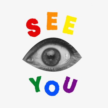 Çağdaş sanat kolajı. Geniş açık kadın gözü dikkatle bakıyor, beyaz arka planda izole edilmiş. Yaratıcılık kavramı, sürrealizm, hayal gücü, duygular. İlan için alanı kopyala