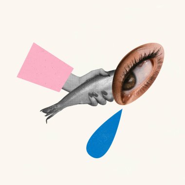 Çağdaş sanat kolajı. Kadın gözü ve beyaz arka planda izole edilmiş balık kavramsal görüntüsü. Olağanüstü bir tasarım. Yaratıcılık kavramı, sürrealizm, hayal gücü, duygular. İlan için alanı kopyala