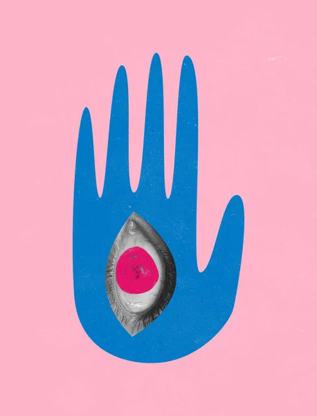 Contemporary Art Collage Creative Colorful Design Female Eye Drawn Palm — Stockfoto