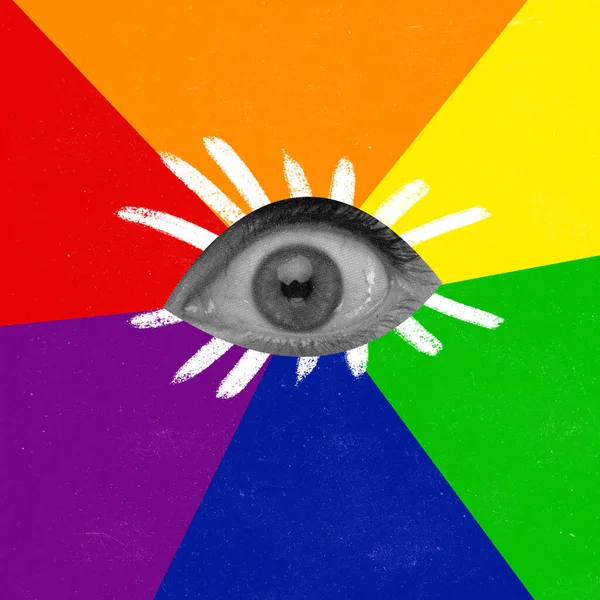 Contemporary Art Collage Conceptual Image Female Eye Isolated Rainbow Background — Stock Photo, Image