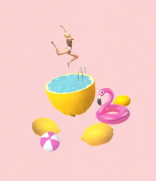 콜라주 분홍색 배경에 고립된 수영장에 시간이야 창조성 재미의 포스터를 — 스톡 사진