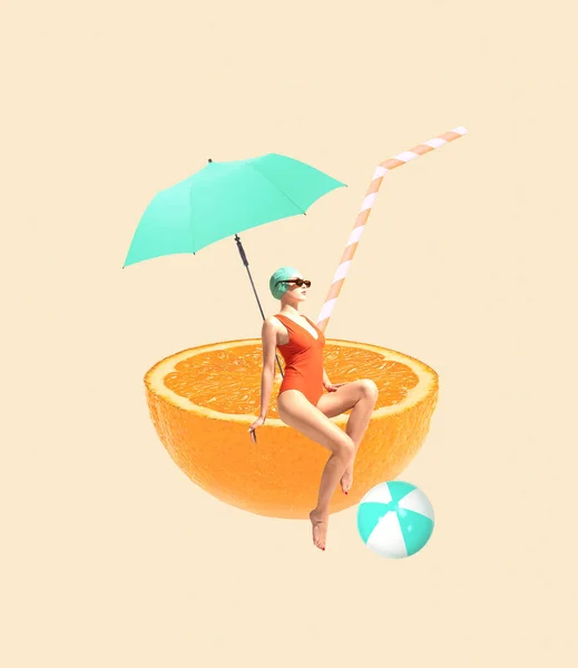 수영복을 선글라스를 오렌지에 창조성 재미의 포스터를 — 스톡 사진