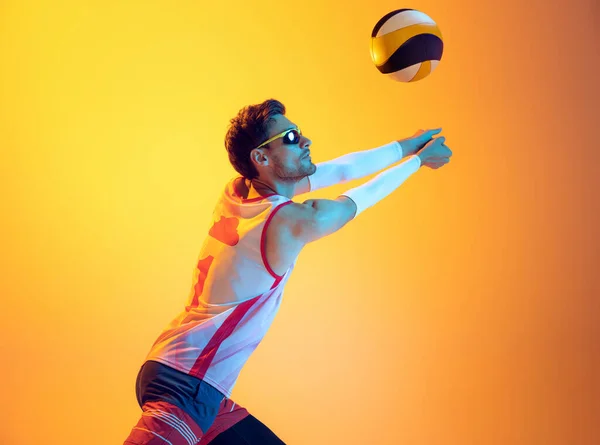 Portrait Young Man Beach Volleyball Player Motion Training Playing Isolated — Stockfoto