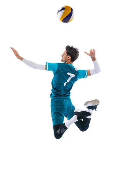 Portrait Young Man Volleyball Player Motion Training Playing Isolated White — Stock Photo, Image
