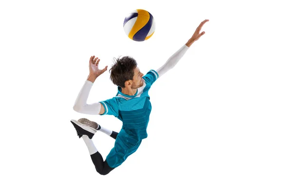 Retrato Joven Jugador Voleibol Movimiento Entrenamiento Jugando Aislado Sobre Fondo —  Fotos de Stock