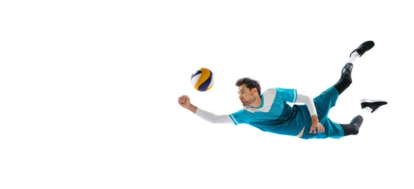Portrait Young Man Volleyball Player Motion Training Playing Isolated White — ストック写真
