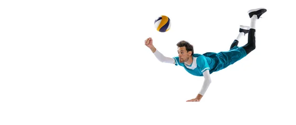 Portrait Young Man Volleyball Player Motion Training Playing Isolated White — 스톡 사진