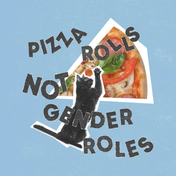 Contemporary Art Collage Conceptual Image Cat Pizza Importance Gender Equality — Stock Photo, Image