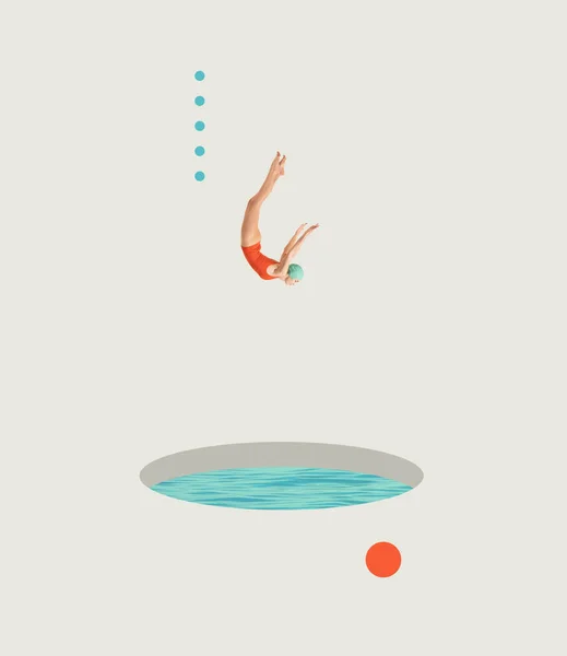 Contemporary Art Collage Young Girl Red Swimming Suit Cap Diving — Stock Fotó