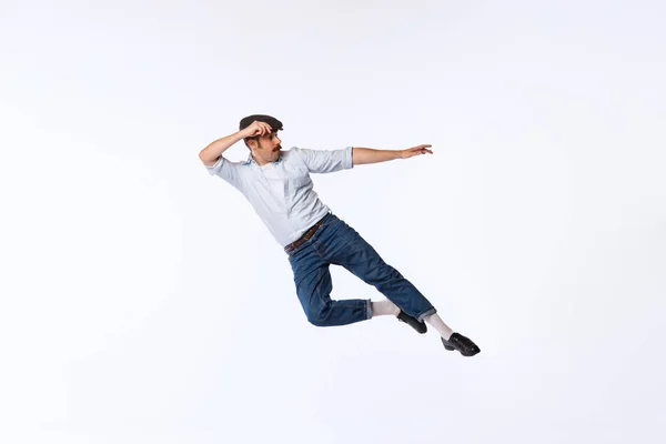 Retrato Joven Con Estilo Traje Retro Bailando Posando Aislado Sobre — Foto de Stock