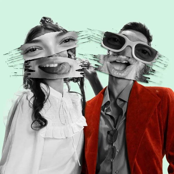 Contemporary Art Collage Stylish Young Man Woman Funny Face Part — Foto Stock