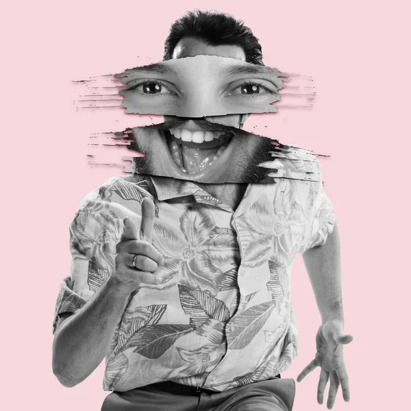 Contemporary Art Collage Cheerful Stylish Man Emotive Face Part Element — Stockfoto