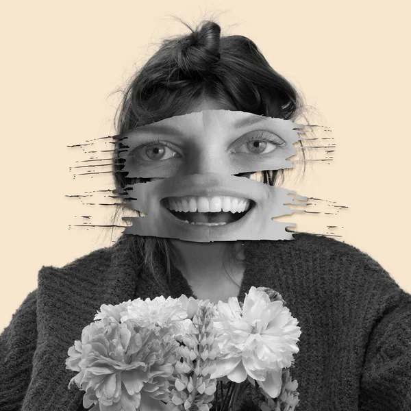 Contemporary Art Collage Woman Face Part Elements Holding Flowers Yellow — Foto Stock