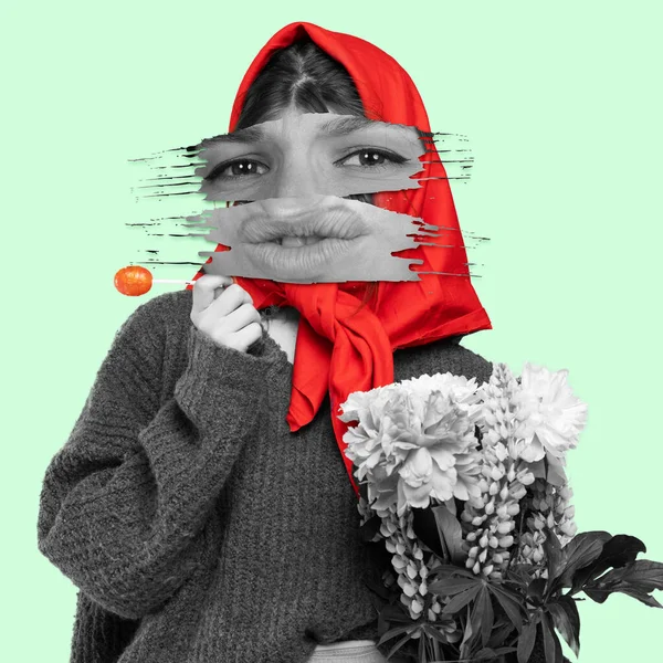 Contemporary Art Collage Stylish Young Girl Face Part Elements Eating — Foto Stock