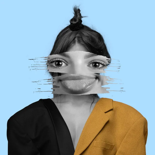 Contemporary Art Collage Stylishyoung Girl Funny Face Element Isolated Blue — Foto Stock