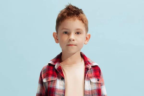 Portrait Little Boy Child Checkered Shirt Looking Camera Posing Isolated — Stock Photo, Image